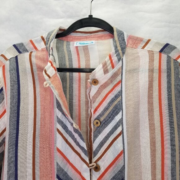 National Linen Tunic L Button Up Camp Shirt Chevron Mandarin Collar Wood Button - Picture 5 of 16